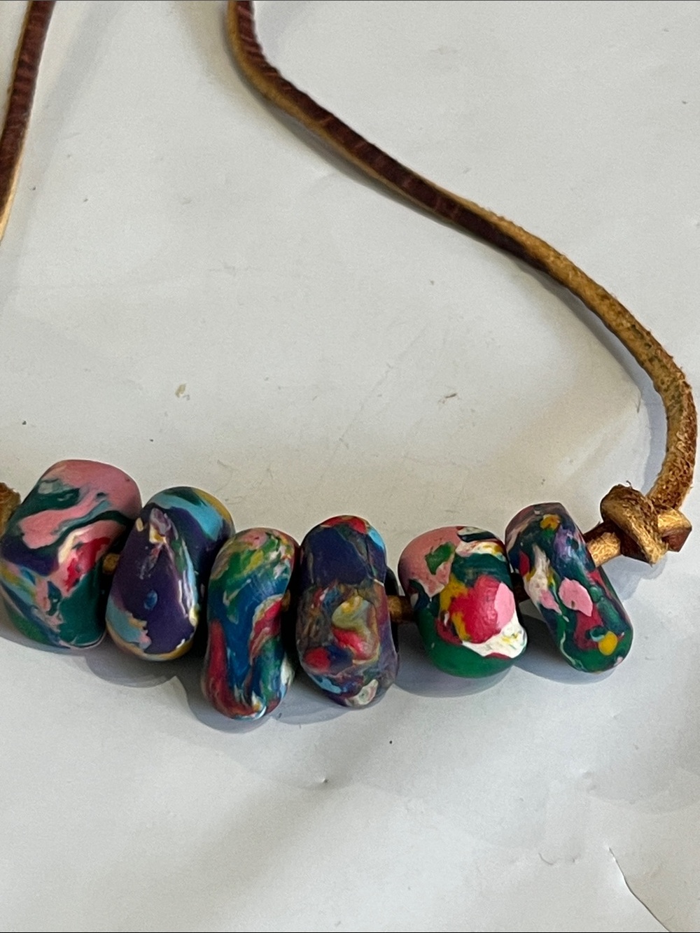 Vintage resin clay colorful beads 20” leather cord round necklace